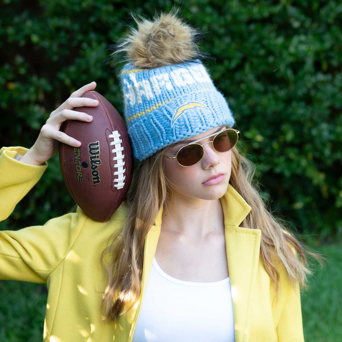Lele Sadoughi Licensed Beanies SKY CHARGERS LELE X NFL BEANIE FAUX FUR POM