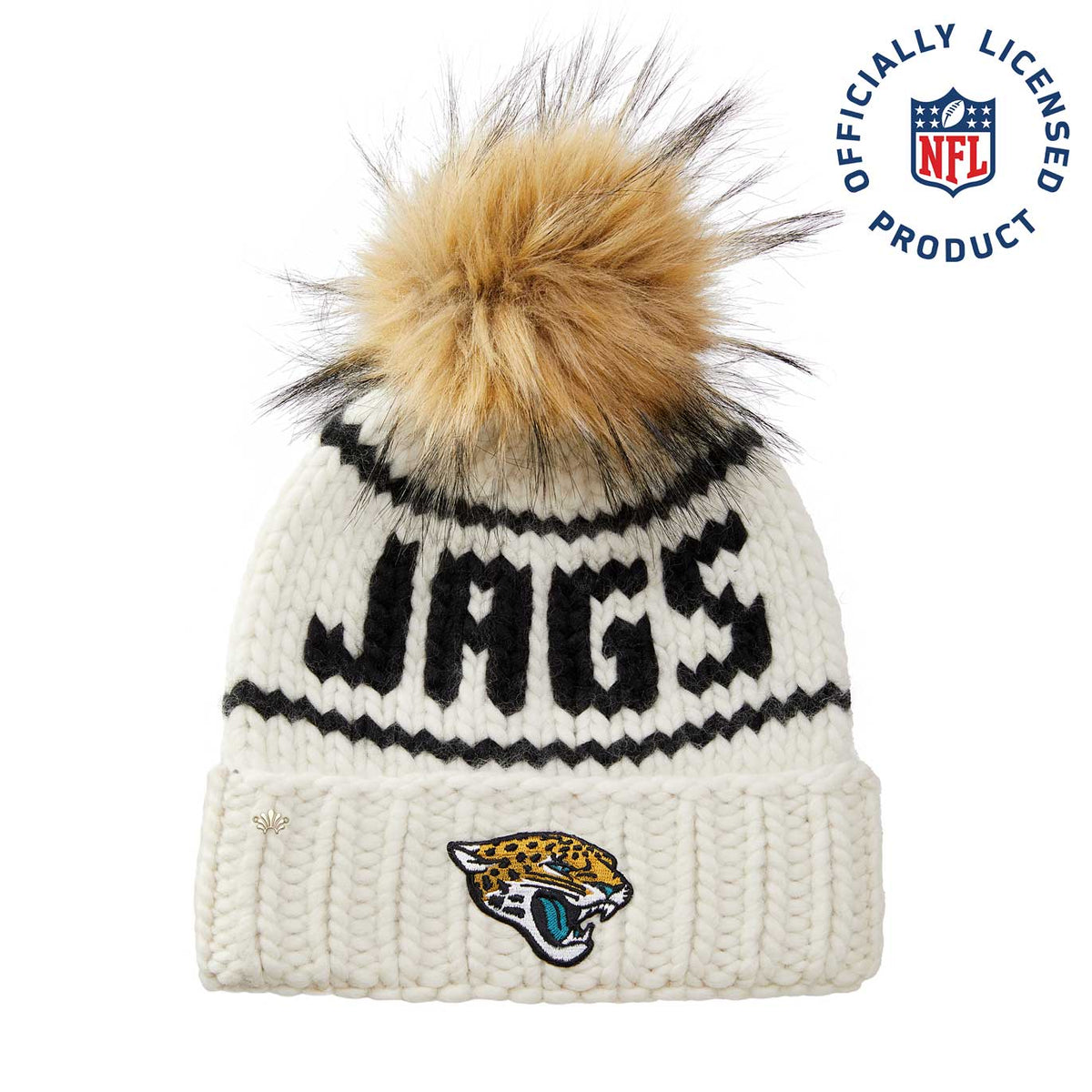 Lele Sadoughi Licensed Beanies WHITE JAGS LELE X NFL BEANIE FAUX FUR POM