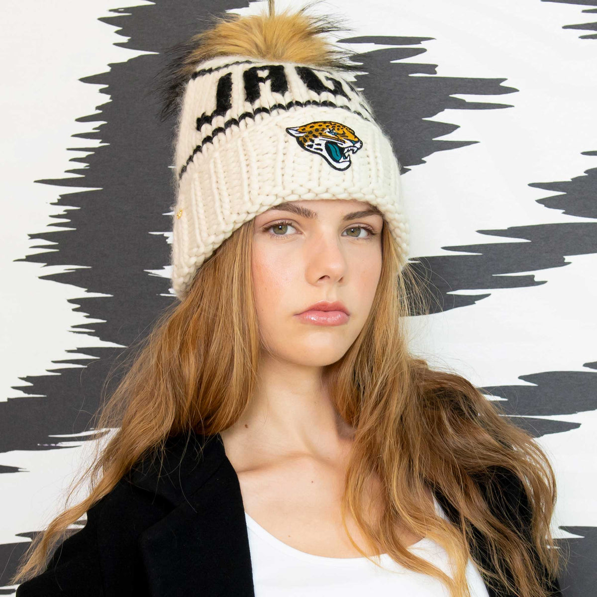 Lele Sadoughi Licensed Beanies WHITE JAGS LELE X NFL BEANIE FAUX FUR POM