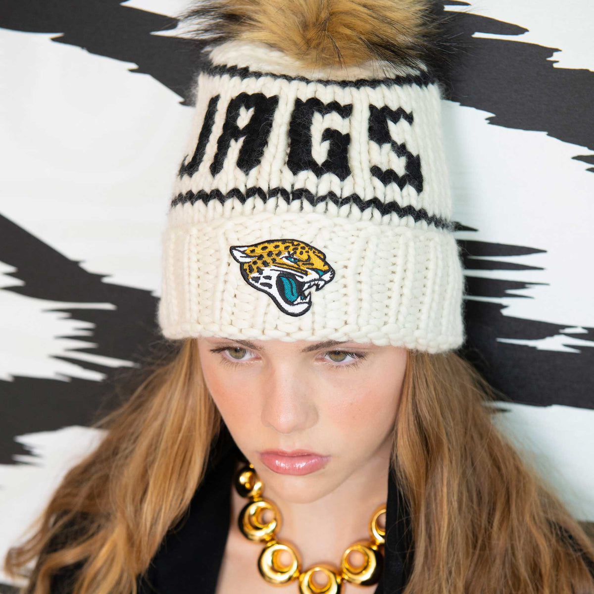 Lele Sadoughi Licensed Beanies WHITE JAGS LELE X NFL BEANIE FAUX FUR POM