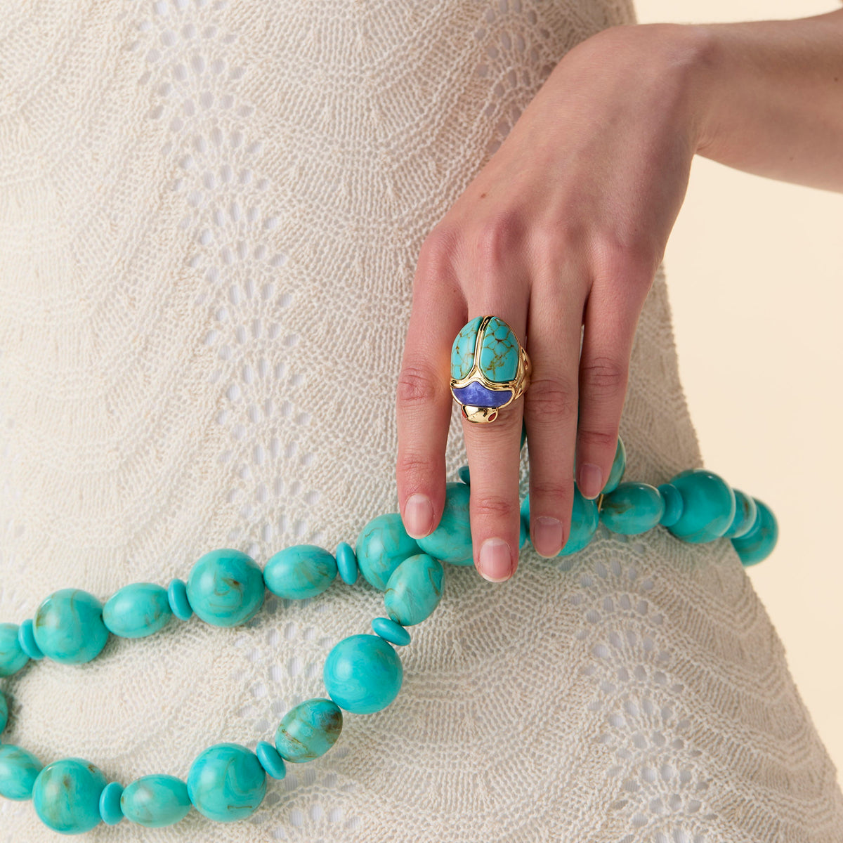 Lele Sadoughi RINGS TURQUOISE LAPIS STONE SCARAB COCKTAIL RING