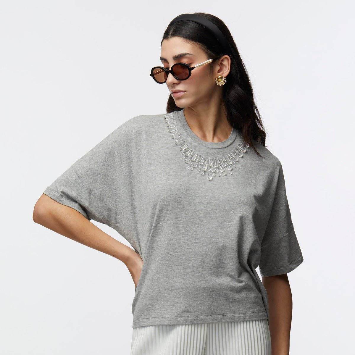 LELE SADOUGHI Shirts HEATHER GREY TEARDROP CRYSTAL T-SHIRT
