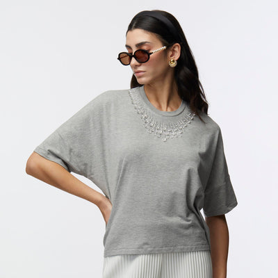 LELE SADOUGHI Shirts HEATHER GREY TEARDROP CRYSTAL T-SHIRT