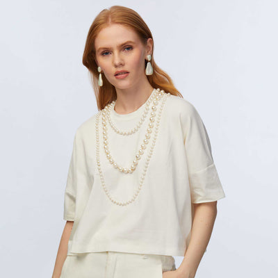 Lele Sadoughi Shirts IVORY SHORT-SLEEVE PEARL EMBELLISHED TEE