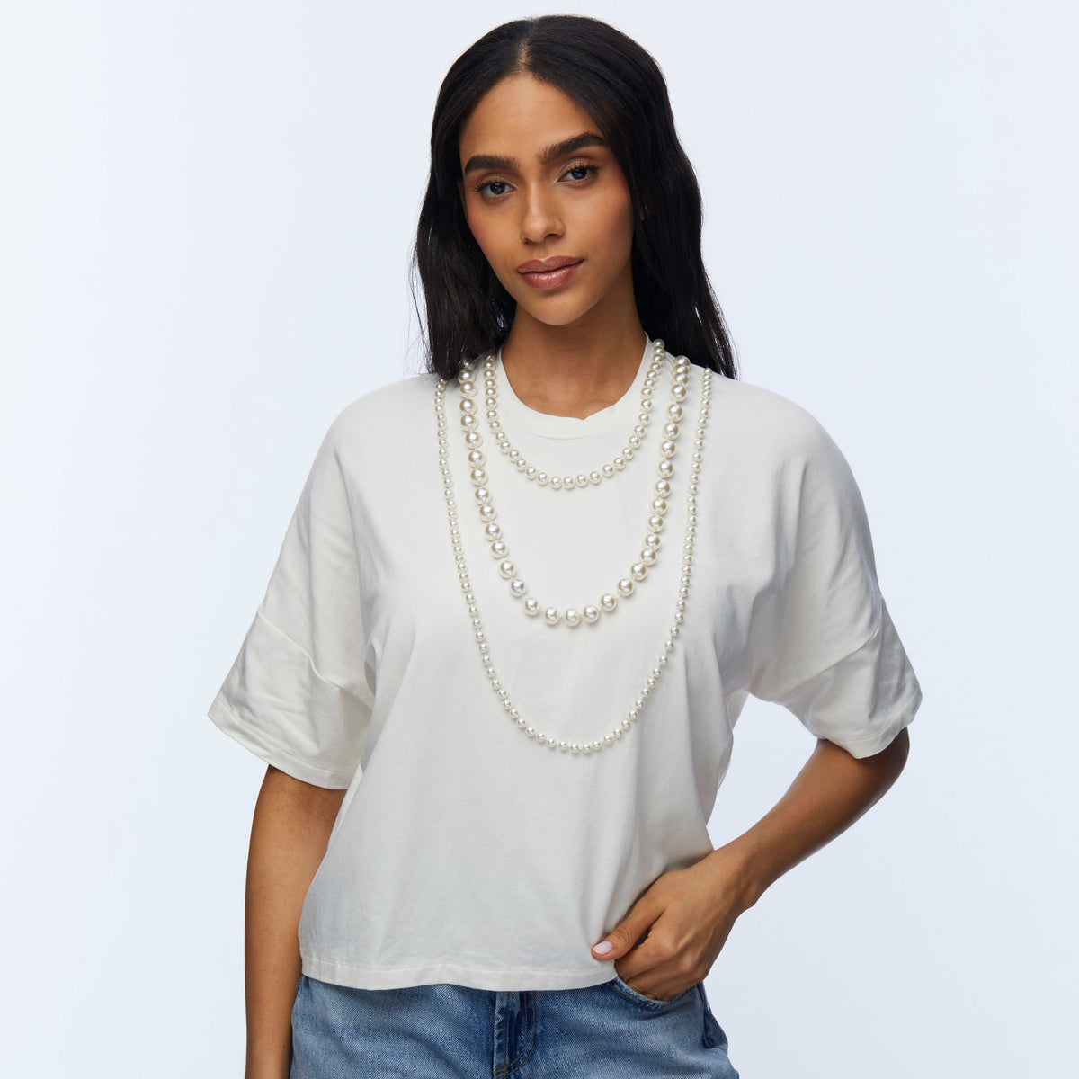 Lele Sadoughi Shirts IVORY SHORT-SLEEVE PEARL STRAND TEE