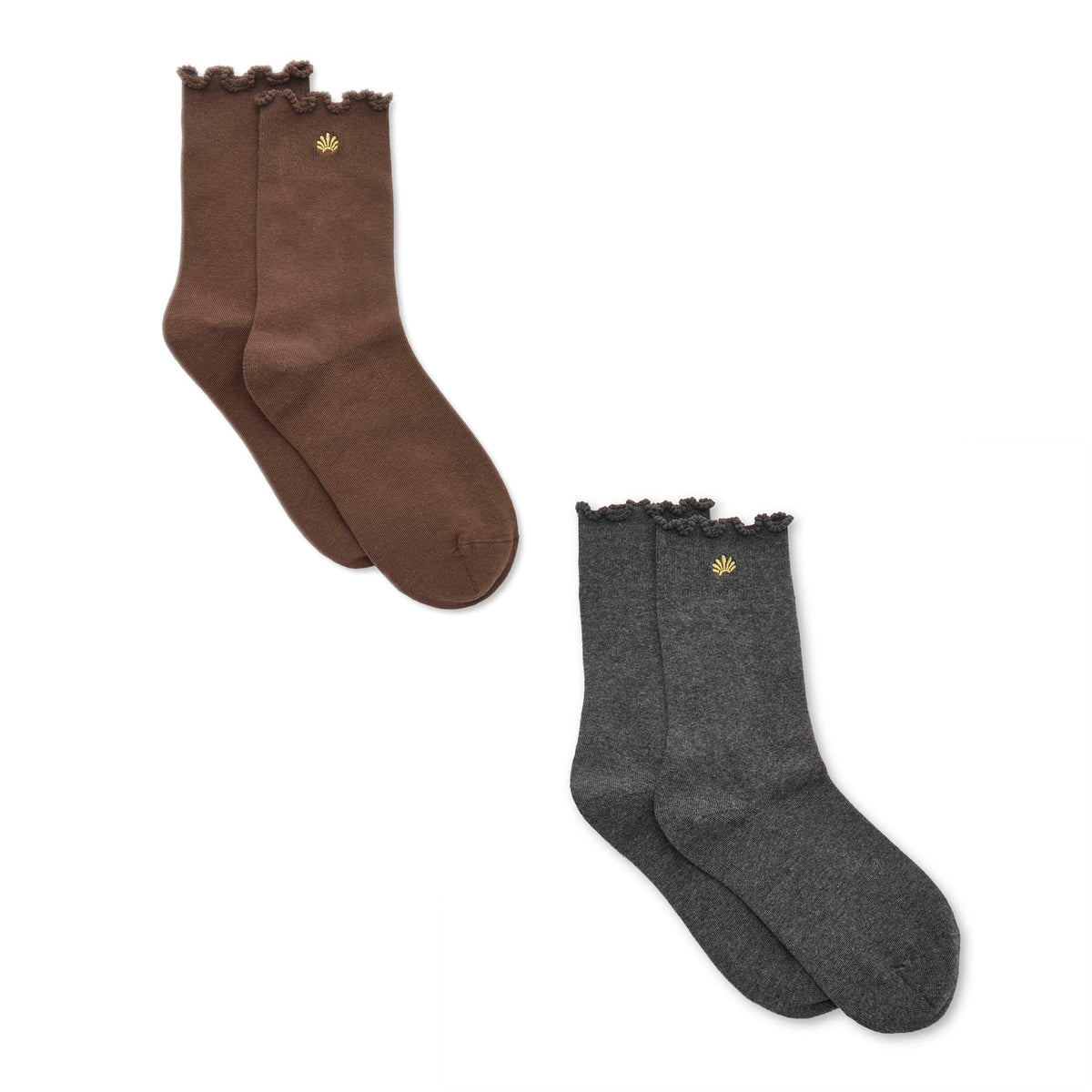 Lele Sadoughi SOCKS ONE SIZE GRAY BROWN SET OF 2 RUFFLE HEM SOCKS