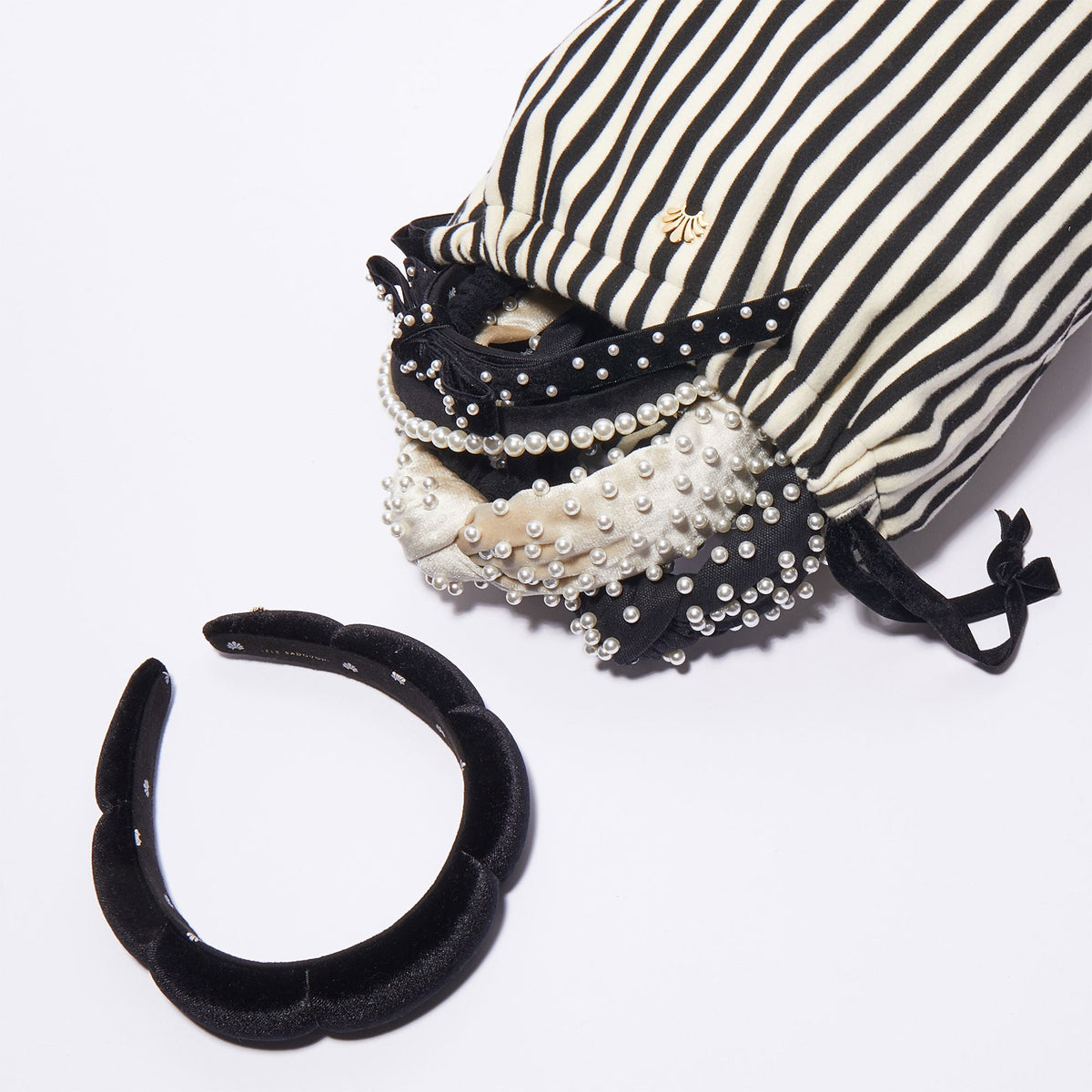 Lele Sadoughi CASE ONE SIZE / JET IVORY JET IVORY DRAWSTRING TRIPLE HEADBAND POUCH