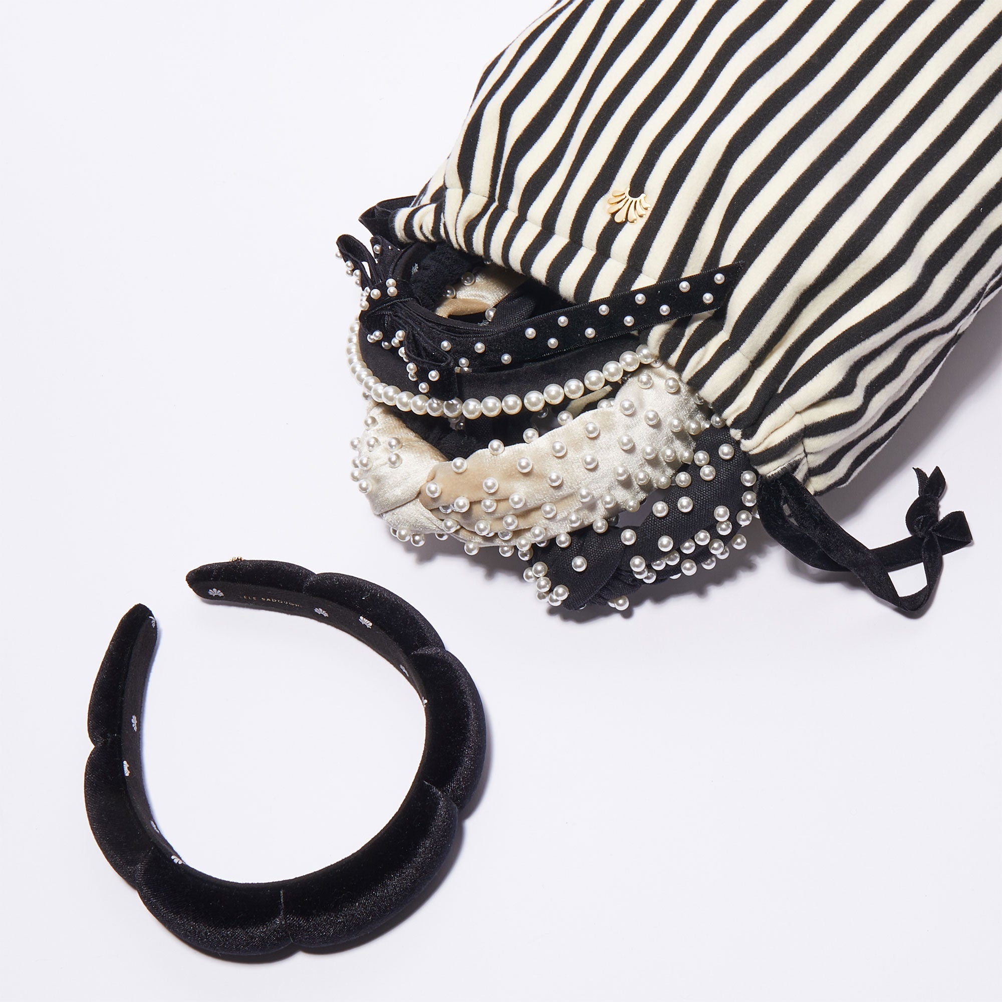 Lele Sadoughi CASE ONE SIZE / JET IVORY JET IVORY DRAWSTRING TRIPLE HEADBAND POUCH