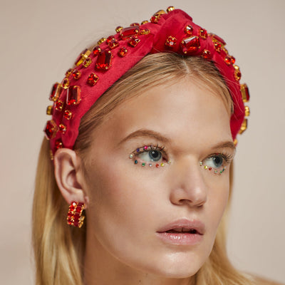 Lele Sadoughi HEADBANDS ONE SIZE / RUBY RUBY RECTANGLE CRYSTAL VELVET KNOTTED HEADBAND